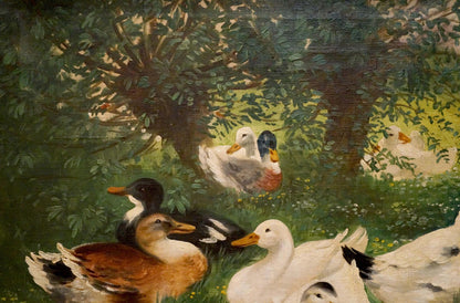 Serene oil painting by H. Graesel of geese walking amid lush green foliage