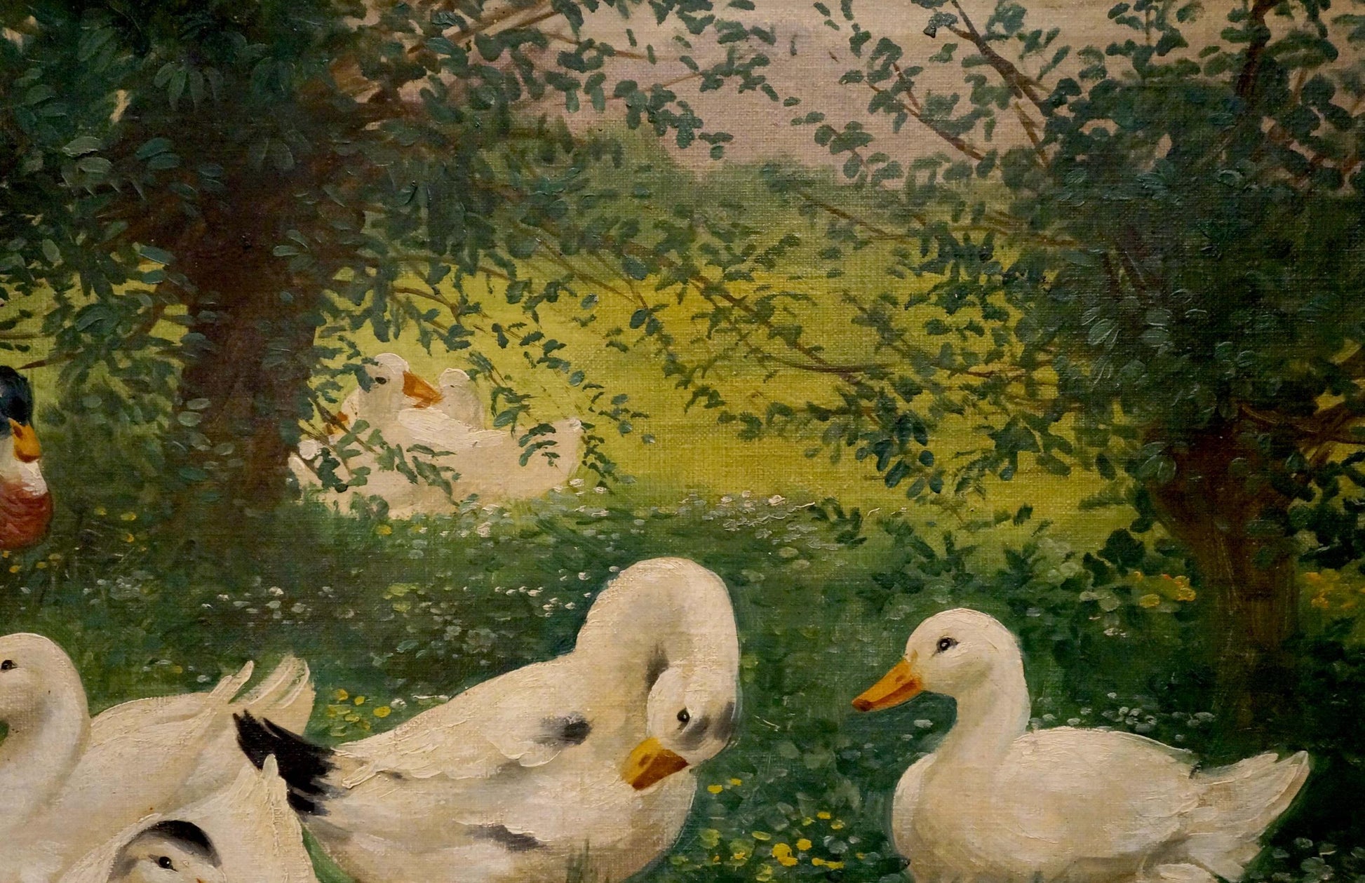 Oil painting by H. Graesel of white ducks among green trees and grass