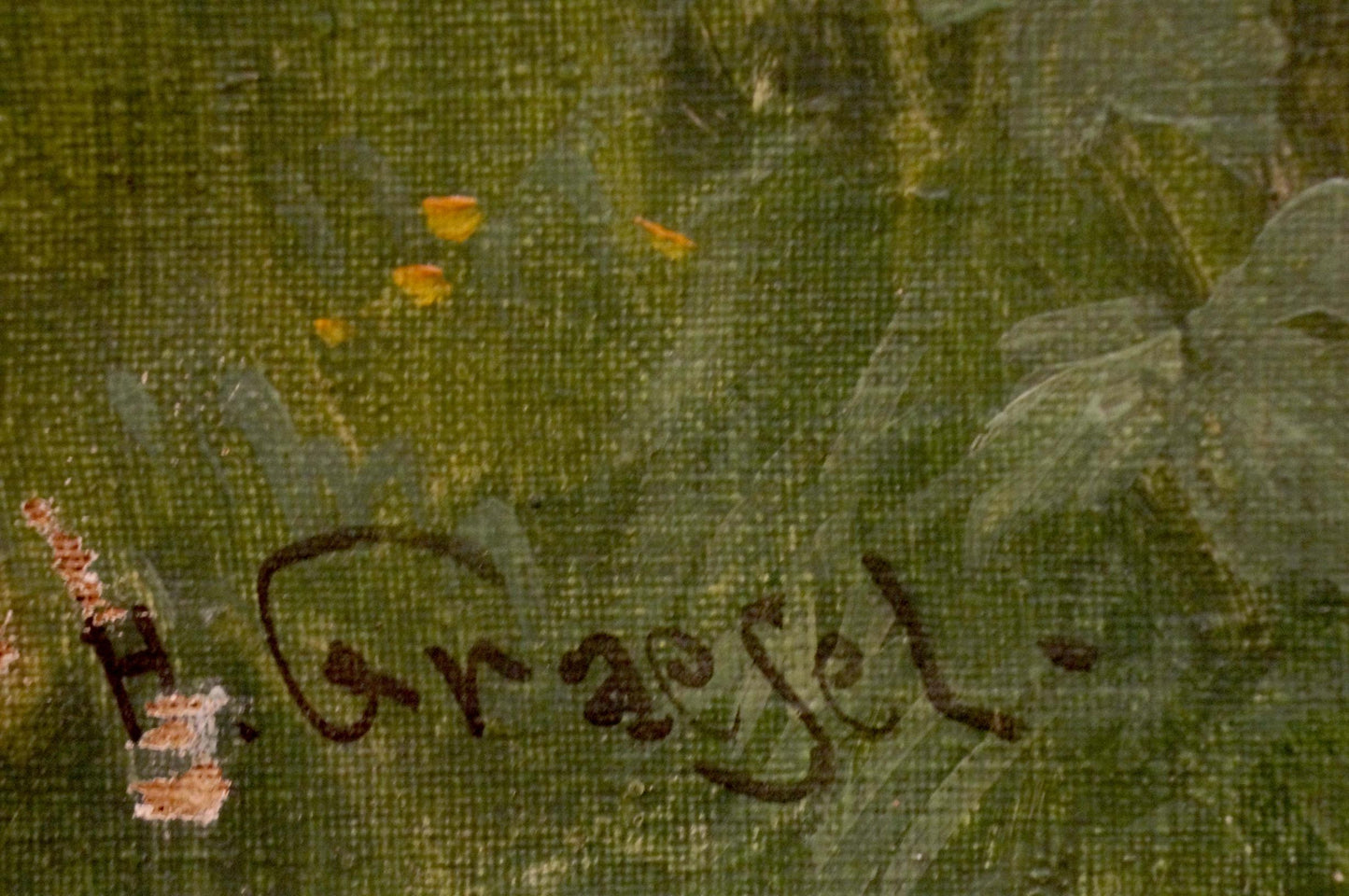 Dark brown cursive H. Graesel signature on back of oil painting Geese walk
