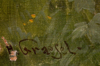 Dark brown cursive H. Graesel signature on back of oil painting Geese walk