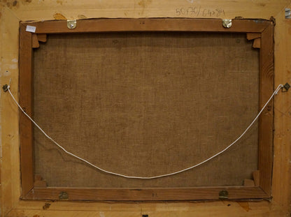 Back of Oil painting Geese walk H. Graesel with wooden frame, brown canvas and white wire