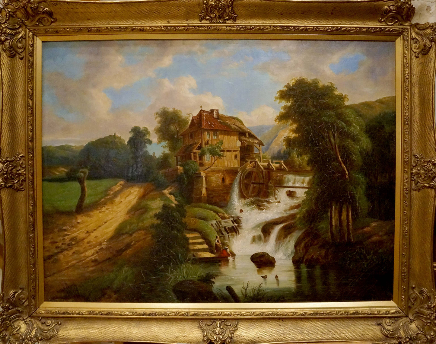 Oil painting Water Mill by George Behrens, ornate gold frame