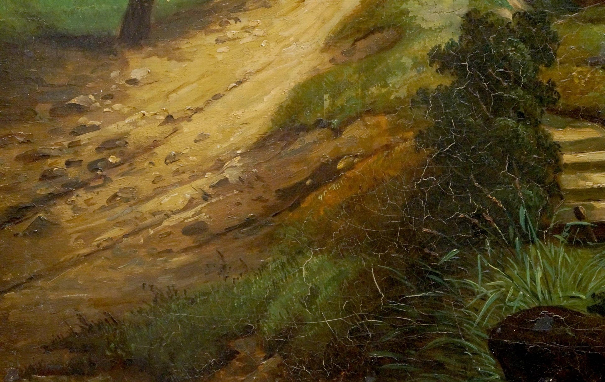 Oil painting of textured dirt path through lush landscape by George Behrens