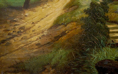 Oil painting of textured dirt path through lush landscape by George Behrens