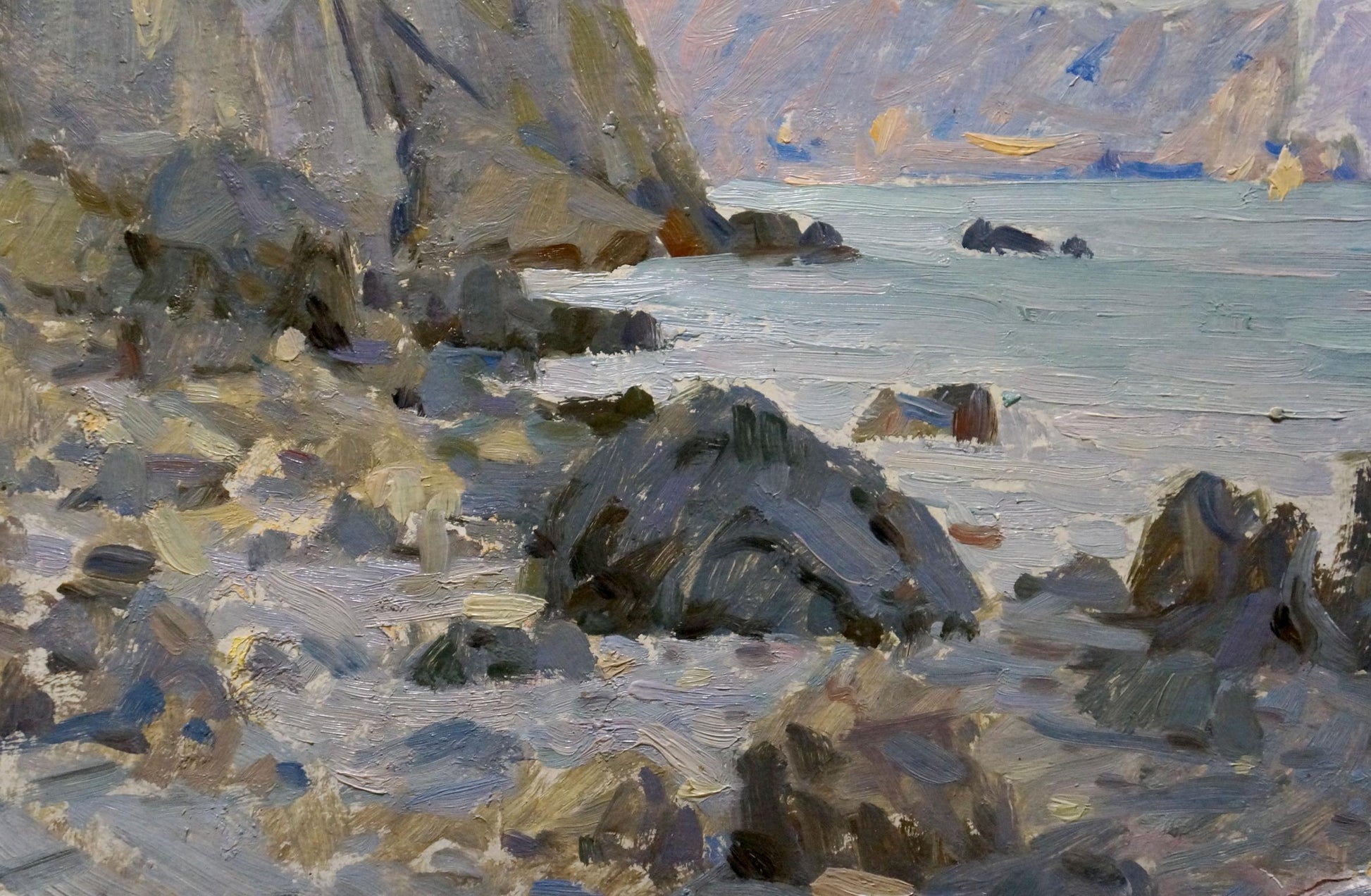 Oil painting Rocky coast by Bakaev Sergey Ivanovich, rugged shore under pastel skies