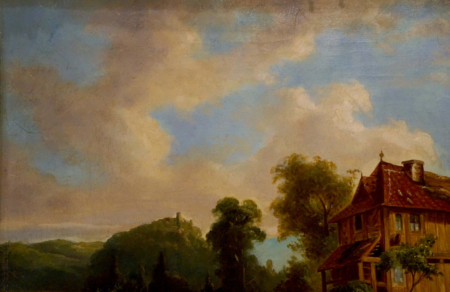 Oil painting of rustic wooden house and water mill by George Behrens