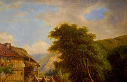 Oil painting of rustic wooden house by water mill, George Behrens
