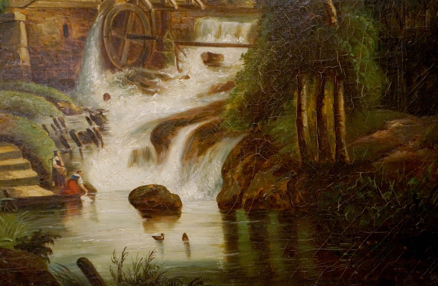 Oil painting of rustic waterwheel on waterfall by George Behrens