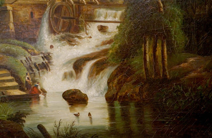 Oil painting of rustic waterwheel on waterfall by George Behrens