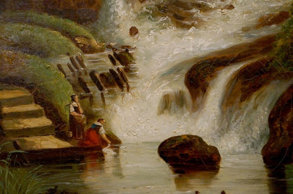 Oil painting by George Behrens: rustic wooden staircase to rocky stream