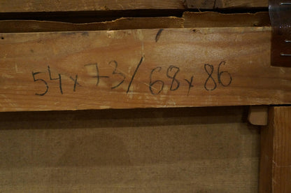 Back of Oil painting Water Mill George Behrens with weathered wooden stretcher bar and handwritten dimensions