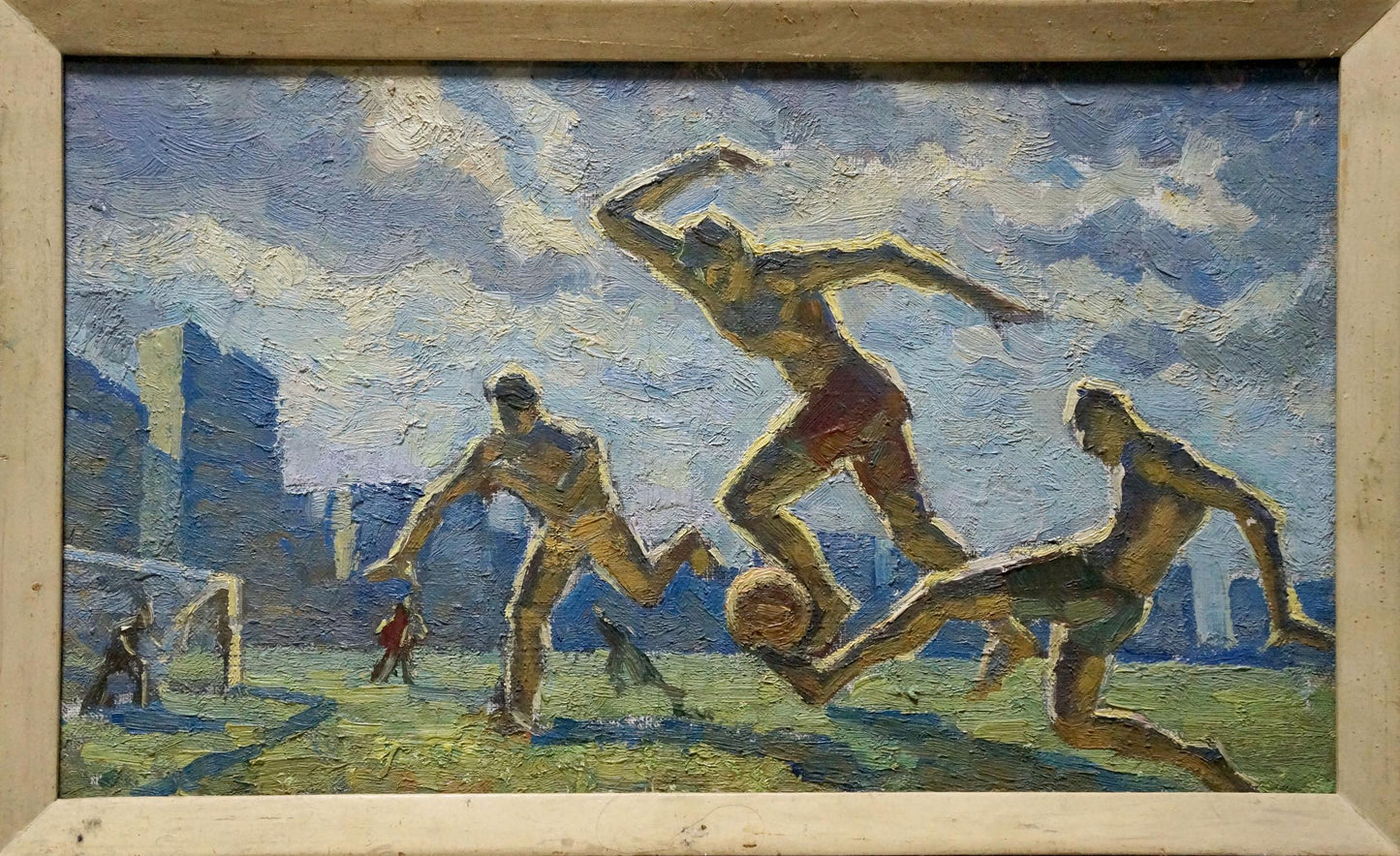 Oil painting Footballers: athletes in action on soccer field in wooden frame