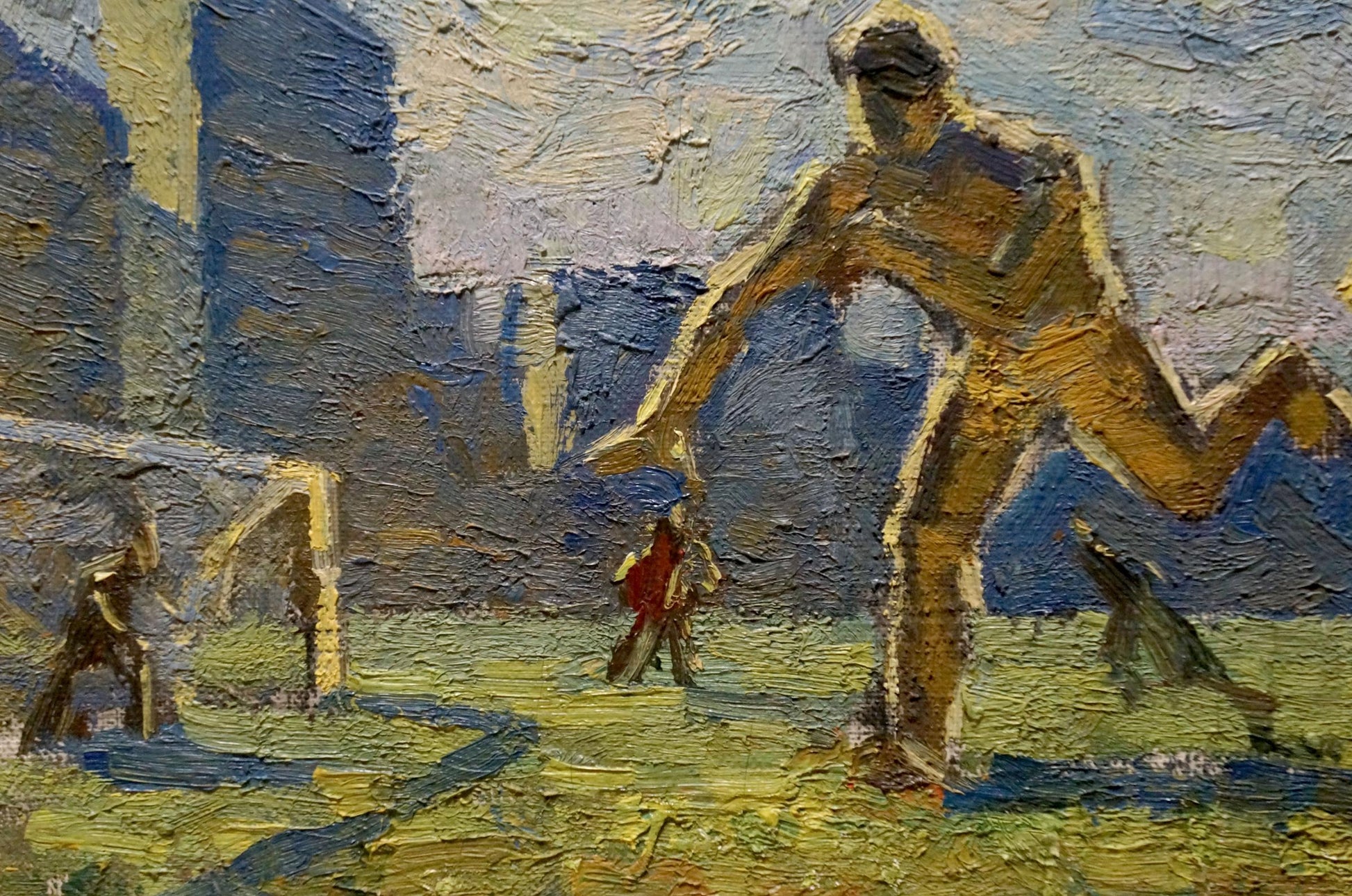 Impressionistic oil painting of golden footballer in motion, blue yellow tones