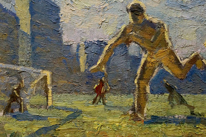 Impressionistic oil painting of golden footballer in motion, blue yellow tones