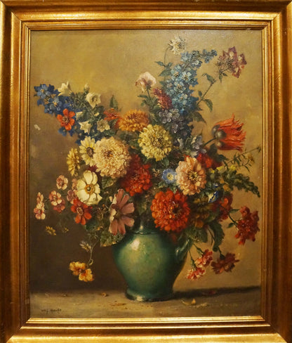 Oil painting Autumn flowers: vibrant bouquet in teal vase, gold frame