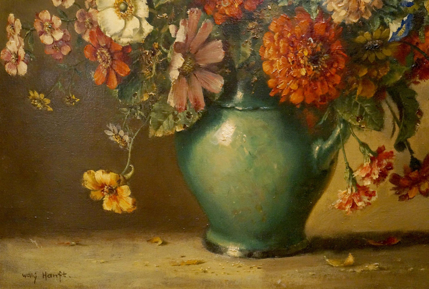 Oil painting of autumn flowers in teal ceramic vase with handle