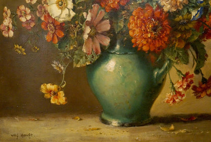 Oil painting of autumn flowers in teal ceramic vase with handle
