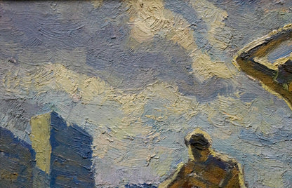 Textured oil painting of footballers in earthy tones on blue-yellow backdrop