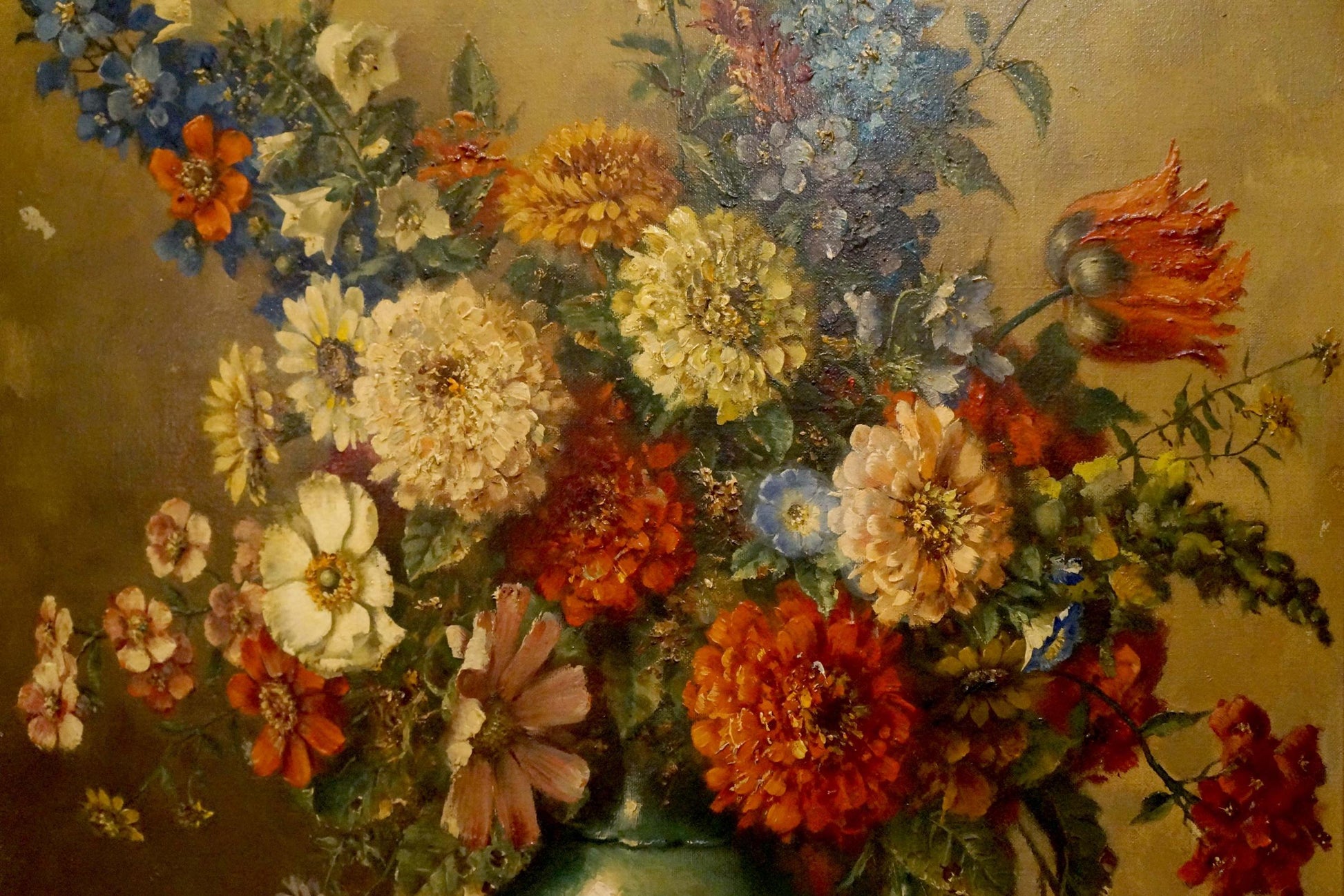 Oil painting of Autumn flowers: lush bouquet in green ceramic vase