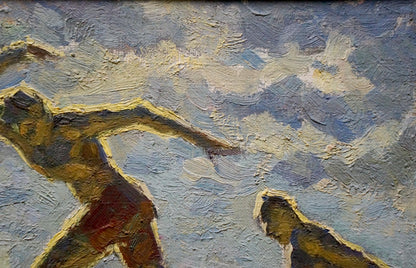 Textured oil painting of footballers against cloudy sky in impasto strokes