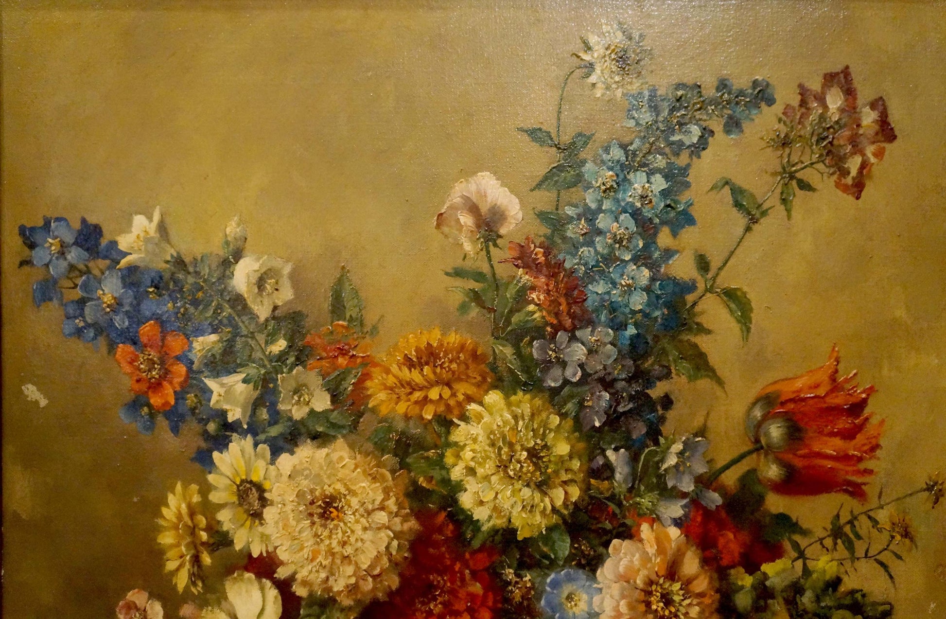 Oil painting Autumn flowers: vibrant delphiniums, zinnias, tulips on gold background