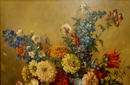 Oil painting Autumn flowers: vibrant delphiniums, zinnias, tulips on gold background