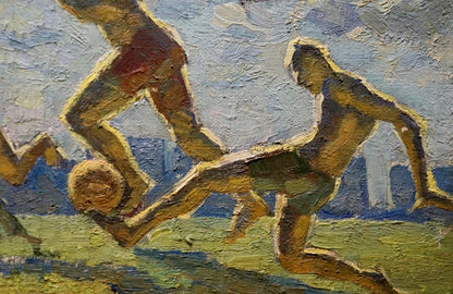 Textured oil painting of footballers in dynamic motion, earthy tones