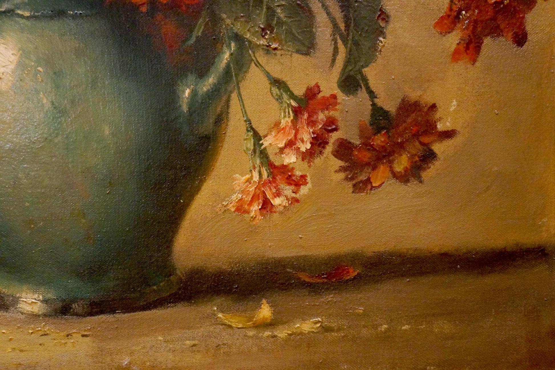 Oil painting Autumn flowers: teal vase with vibrant orange red flowers, green leaves