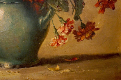 Oil painting Autumn flowers: teal vase with vibrant orange red flowers, green leaves