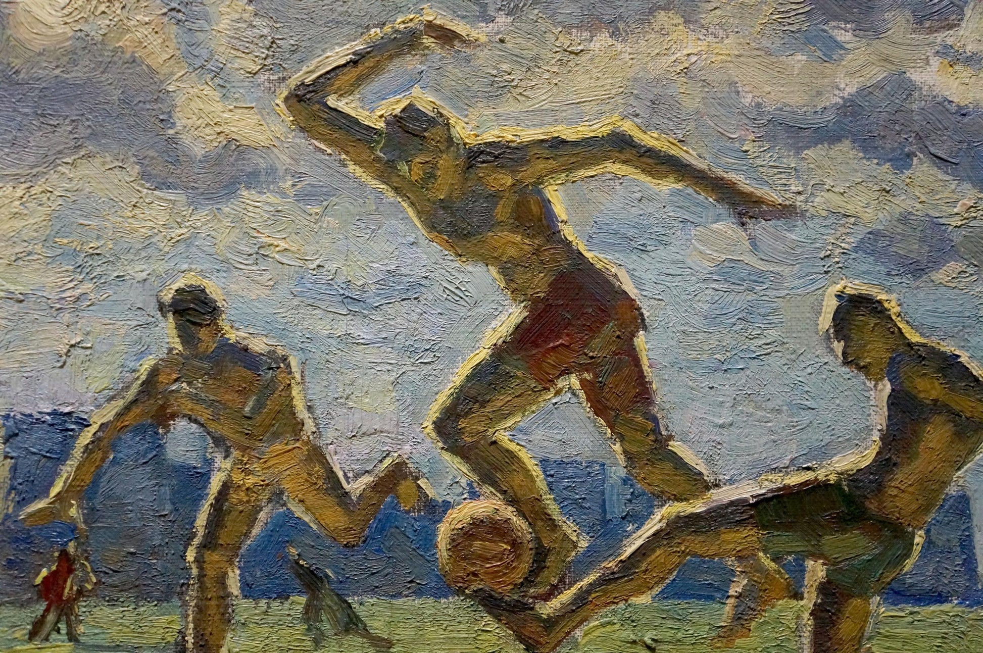 Oil painting of footballers in dynamic motion with bold earthy strokes
