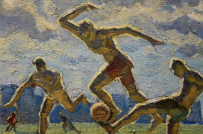 Oil painting of footballers in dynamic motion with bold earthy strokes