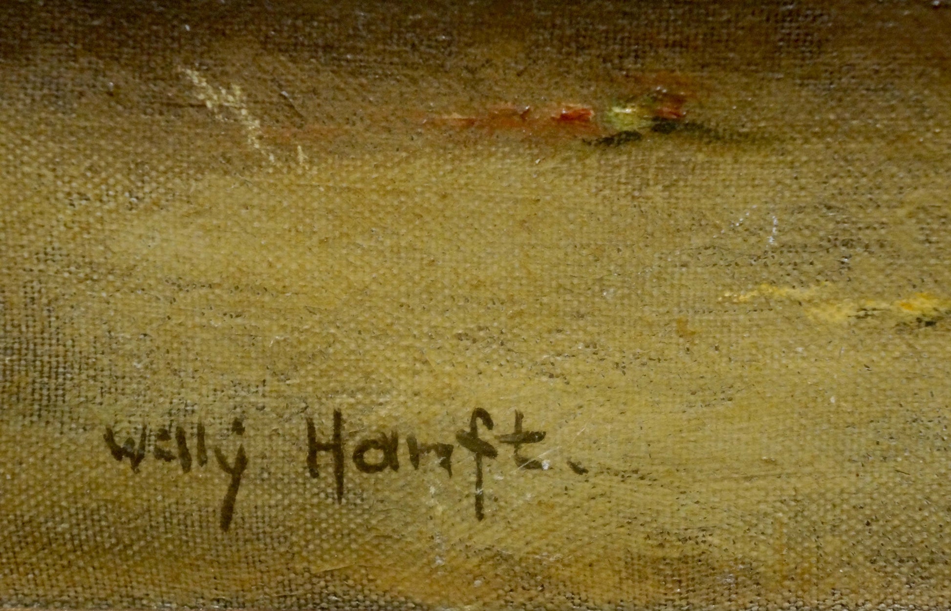 Back of Oil painting Autumn flowers with Willy Hanft signature on golden canvas