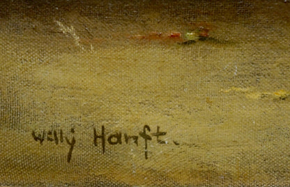 Back of Oil painting Autumn flowers with Willy Hanft signature on golden canvas