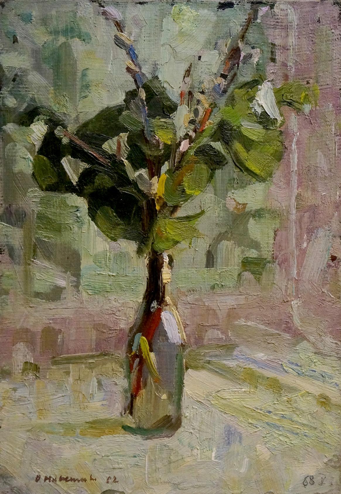Oil painting of green branches in slender glass bottle, unknown artist