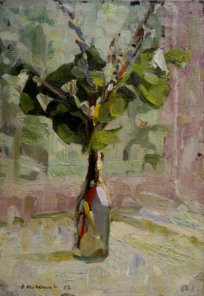 Oil painting of green branches in slender glass bottle, unknown artist