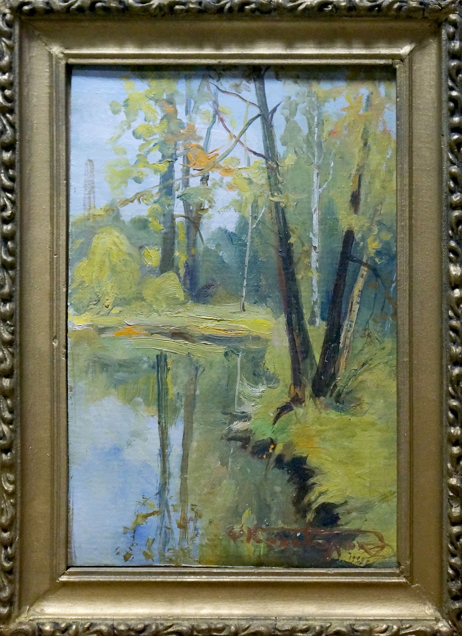 Framed impressionist oil painting of serene forest pond by Konovalyuk Fedor Zotikovich