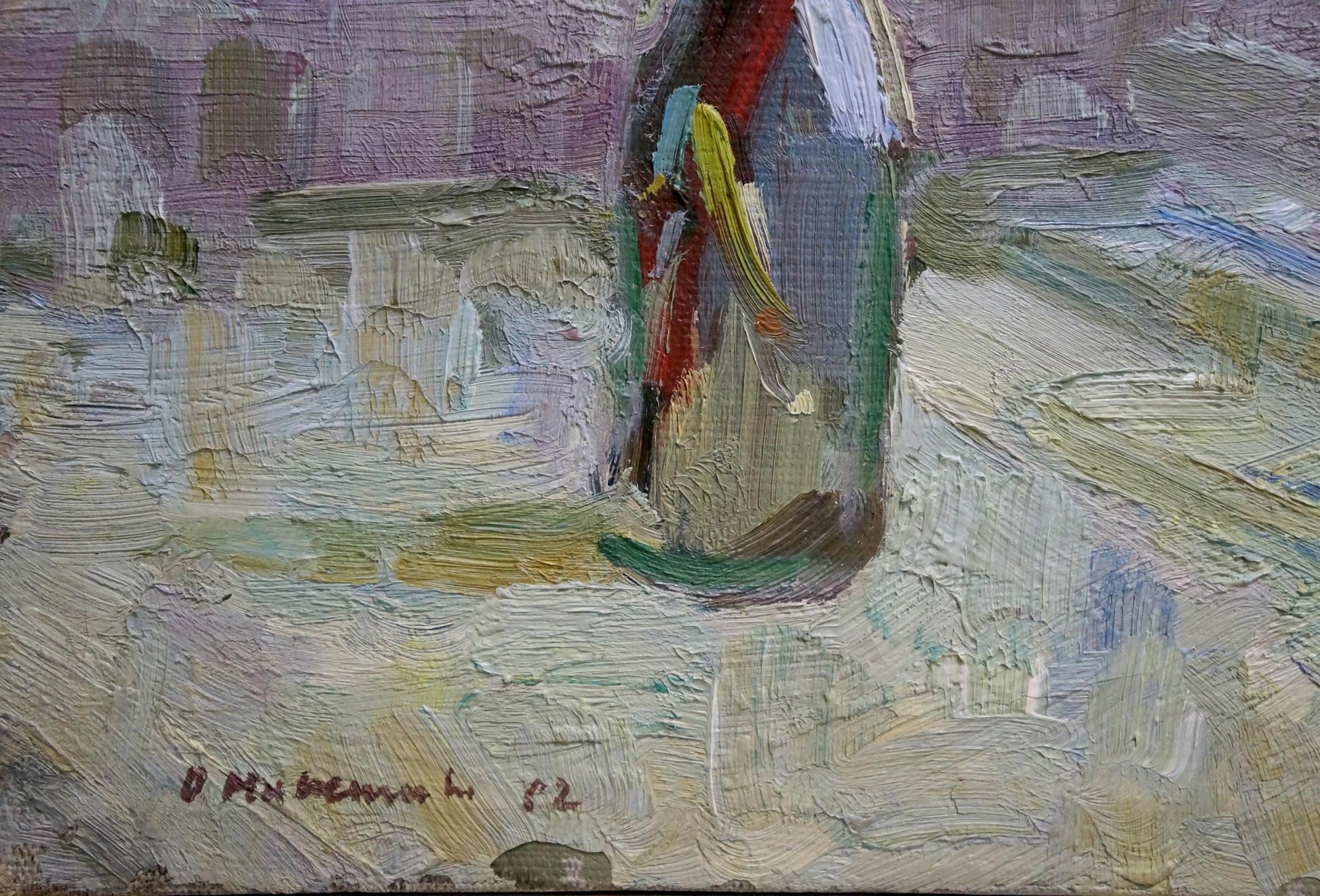 Textured impressionistic oil painting of still life with branches in bottle