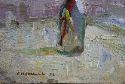 Textured impressionistic oil painting of still life with branches in bottle