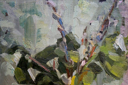Oil painting of slender flower stalks in bottle with pink white blossoms