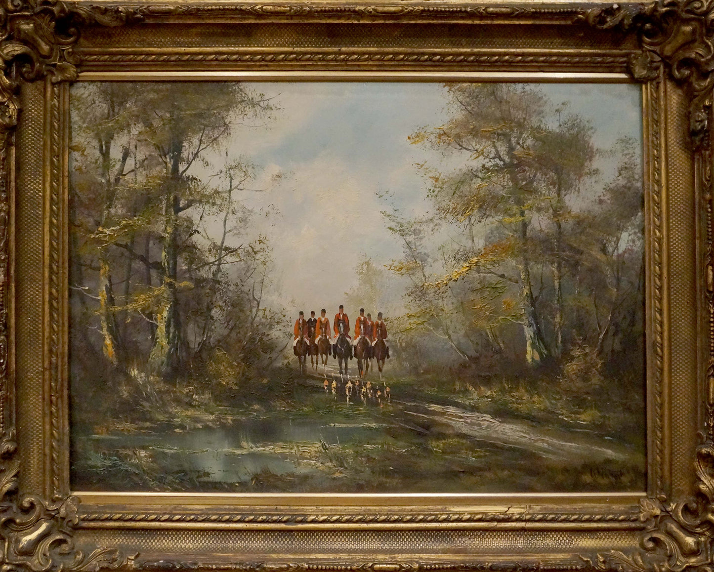 Ornate oil painting of red-coated soldiers on horseback in winter woods