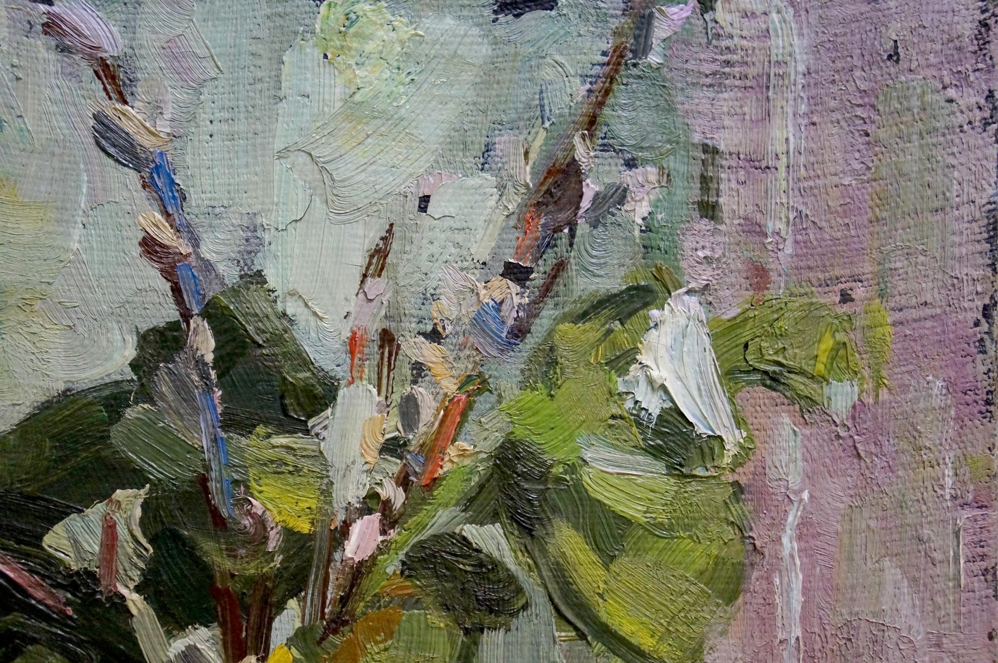 Oil painting still life with branches in a bottle, textured green leaves