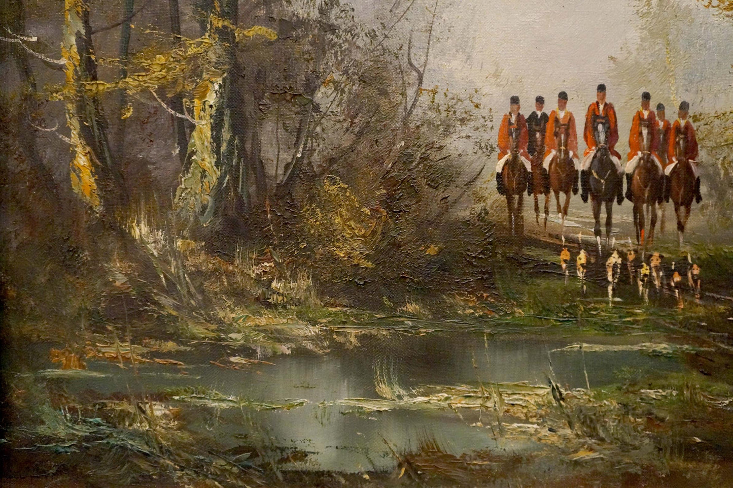 Oil painting of winter soldiers on horses in orange coats along forest stream