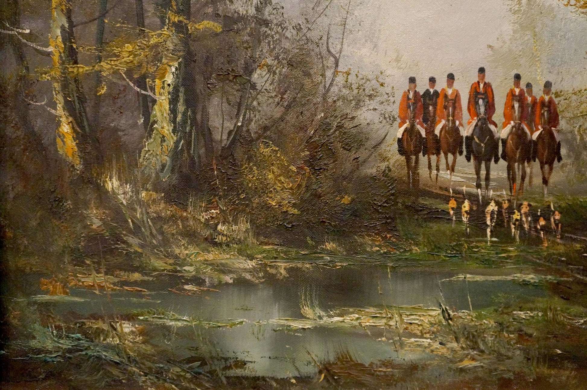 Oil painting of winter soldiers on horses in orange coats along forest stream