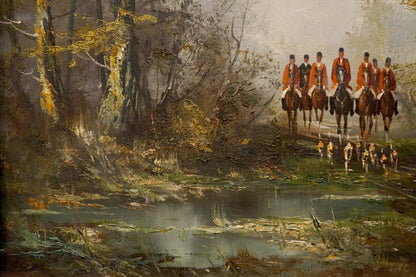 Oil painting of winter soldiers on horses in orange coats along forest stream