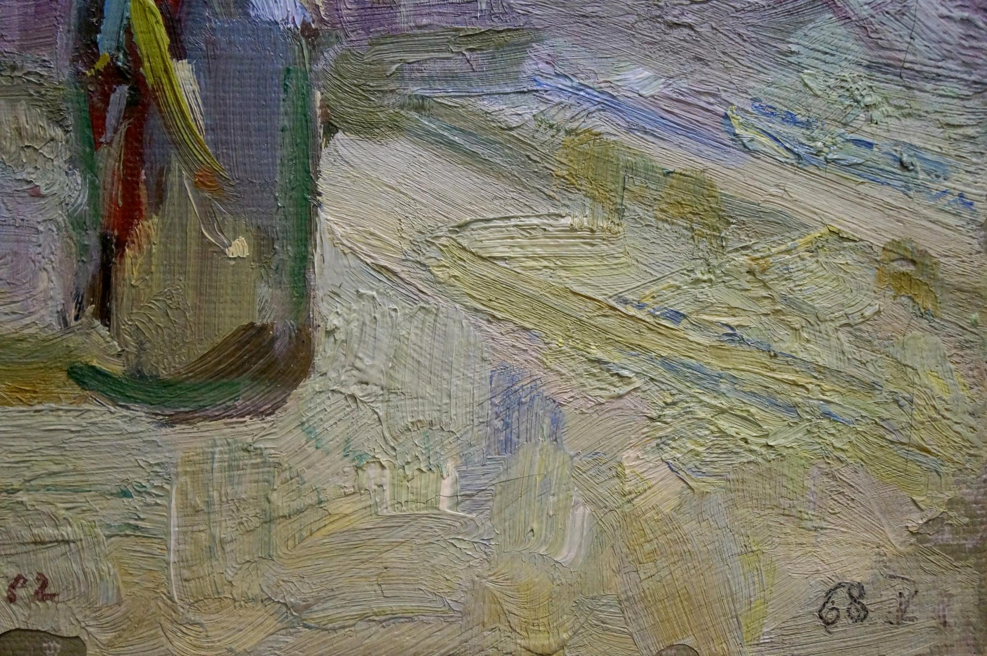 Textured impressionistic oil painting of still life with branches in bottle