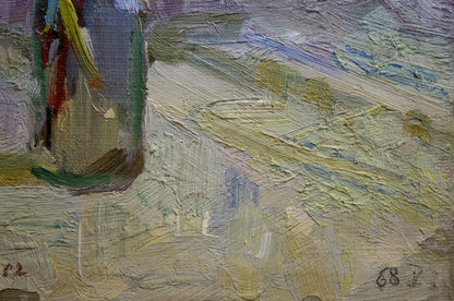 Textured impressionistic oil painting of still life with branches in bottle