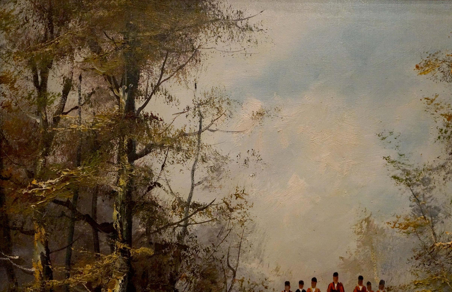 Impressionistic autumn forest oil painting with soldiers on winter road