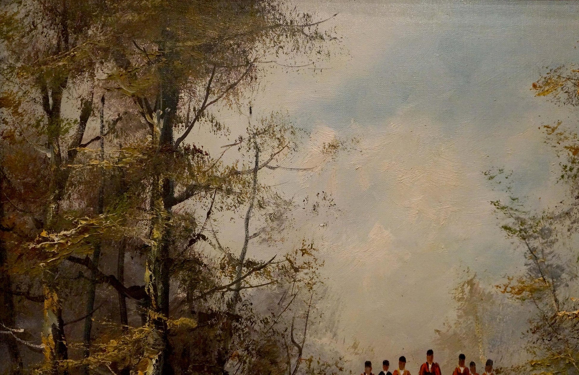 Impressionistic autumn forest oil painting with soldiers on winter road