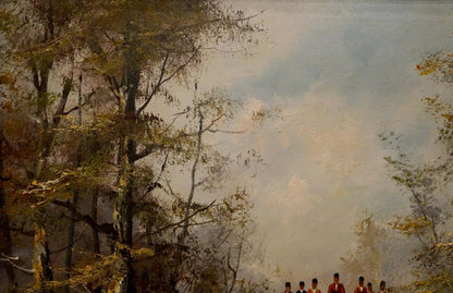 Impressionistic autumn forest oil painting with soldiers on winter road
