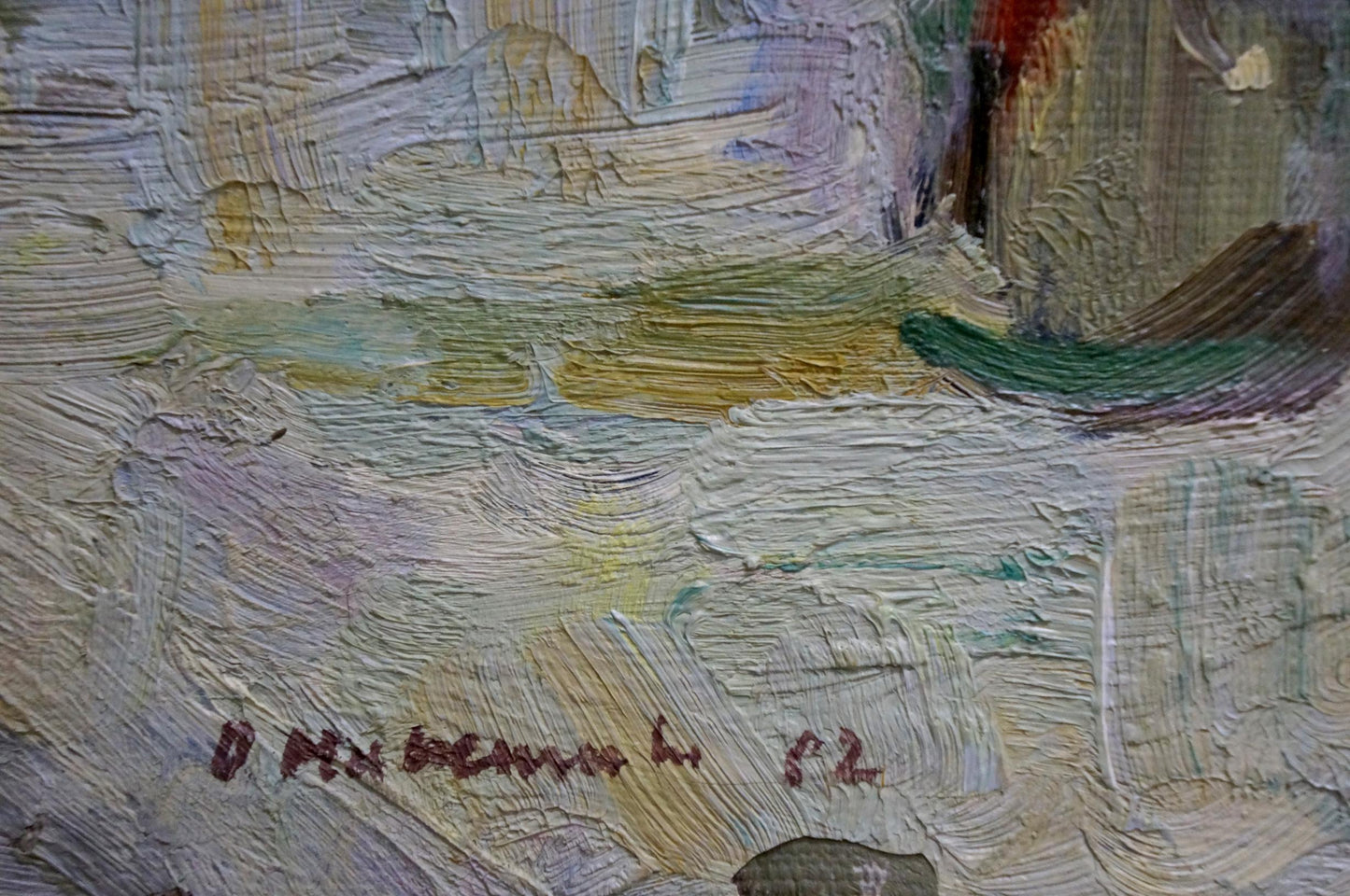 Textured impasto oil painting of still life with branches in bottle